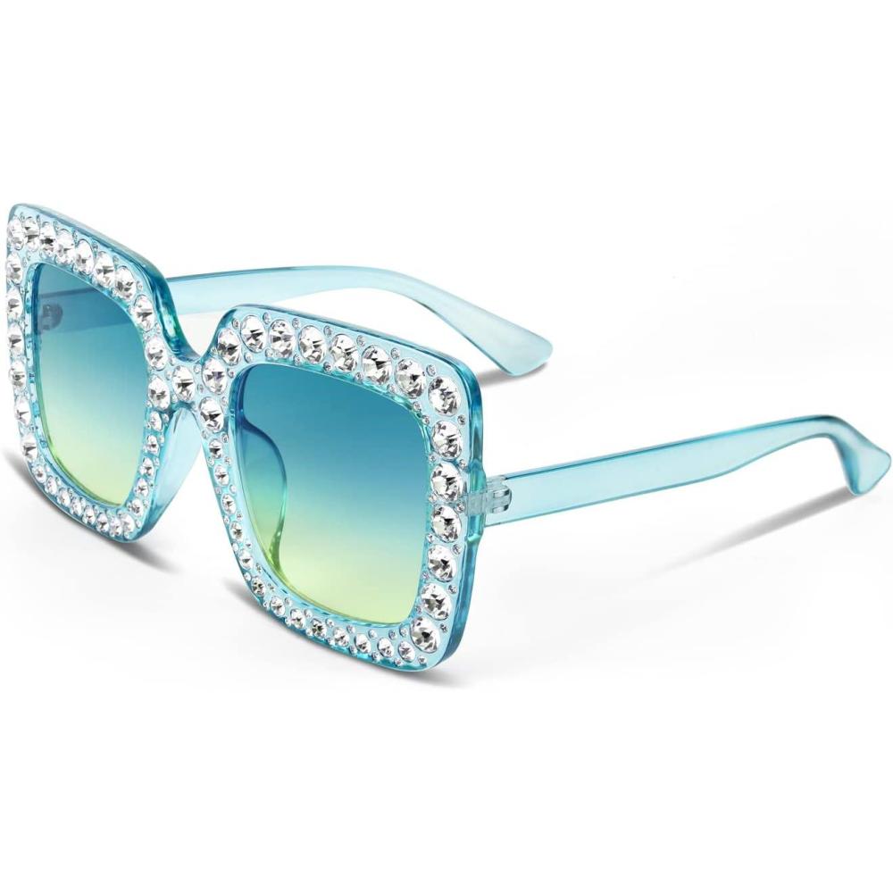 imageFEISEDY Women Sparkling Crystal Sunglasses Oversized Square Thick Frame B22833 Transparent Blue Green