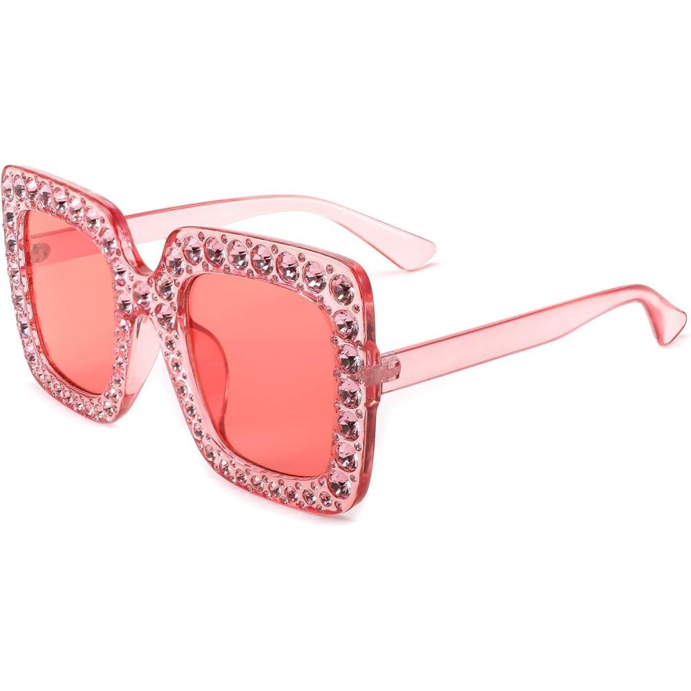 imageFEISEDY Women Sparkling Crystal Sunglasses Oversized Square Thick Frame B2283Transparent Pink
