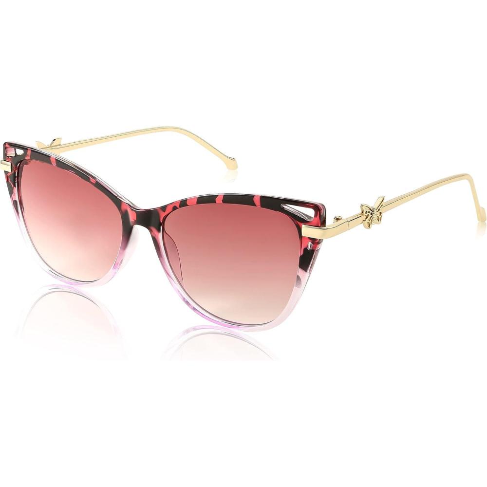 imageFEISEDY Women Trendy Oversized Cat Eye Sunglasses Metal Temple with Butterfly Decoration Gradient Lens Sunglasses B2314Pink Leopard Frame Gradient Lens