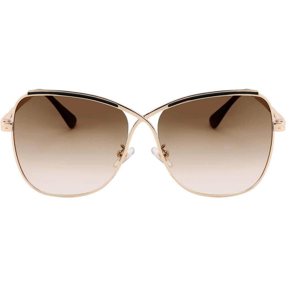 imageFEISEDY Womens Cute Sunglasses Oversized Butterfly X Shape Design Cateye Lady Sunglasses B2738Golden Frame Gradual Brown Lens