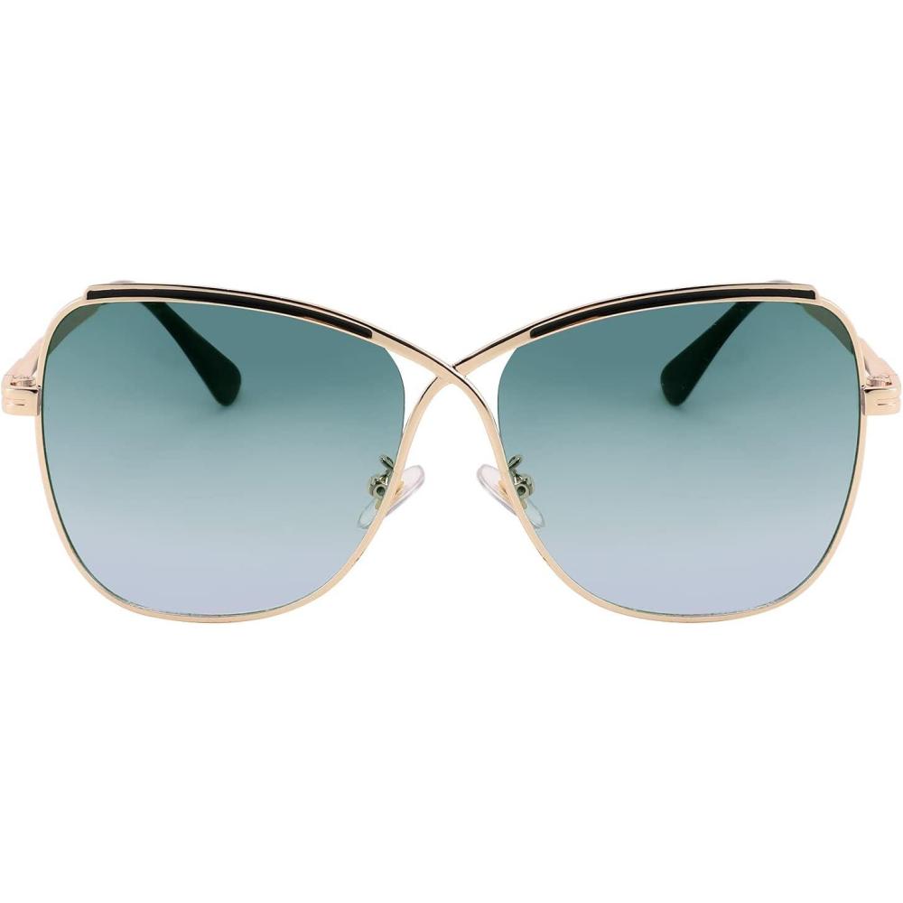 imageFEISEDY Womens Cute Sunglasses Oversized Butterfly X Shape Design Cateye Lady Sunglasses B2738Golden Frame Gradual Greenpink Lens