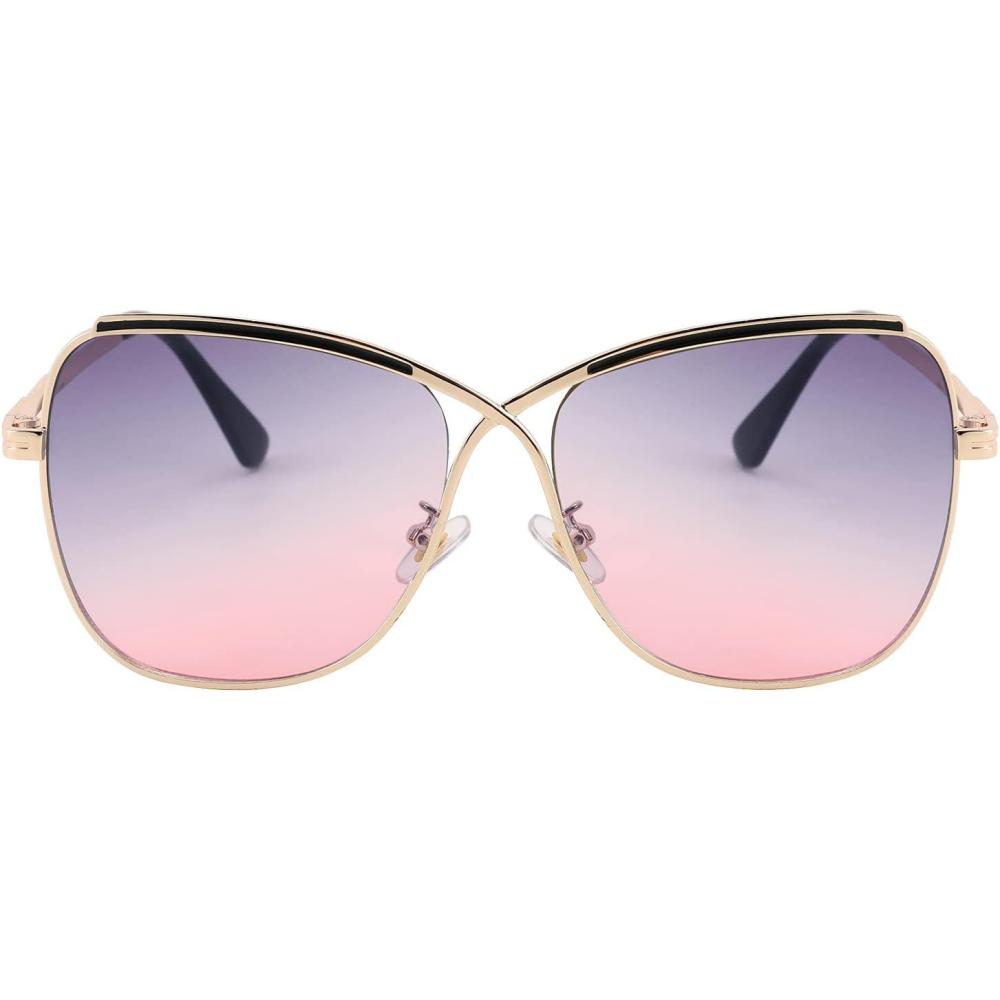 imageFEISEDY Womens Cute Sunglasses Oversized Butterfly X Shape Design Cateye Lady Sunglasses B2738Golden Frame Gradual Greypink Lens