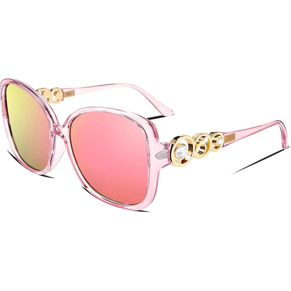 imageFEISEDY Womens Fashion Sunglasses Oversized Square Frame with Pearl Sparkling Polarized UV Protection B2821Lively Pink