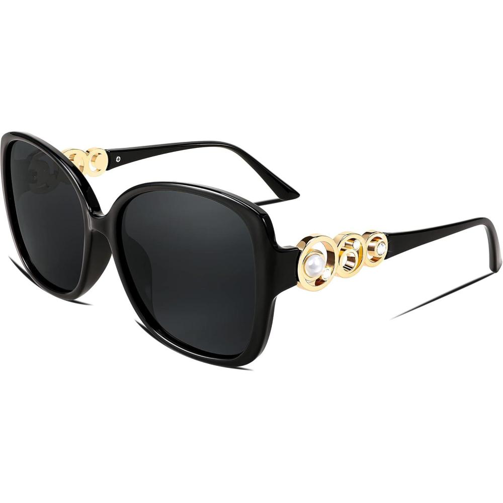 imageFEISEDY Womens Fashion Sunglasses Oversized Square Frame with Pearl Sparkling Polarized UV Protection B2821Mysterious Black