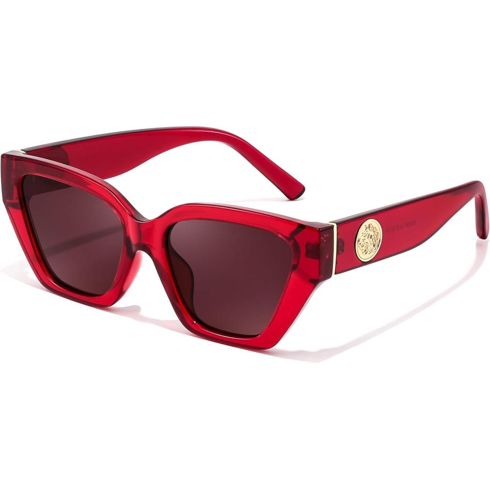 imageFEISEDY Womens Polarized Cat Eye Sunglasses UV400 Protection Trendy Design for Driving ampamp Daily Wear B0299Wine Red Frame Light Red Lens