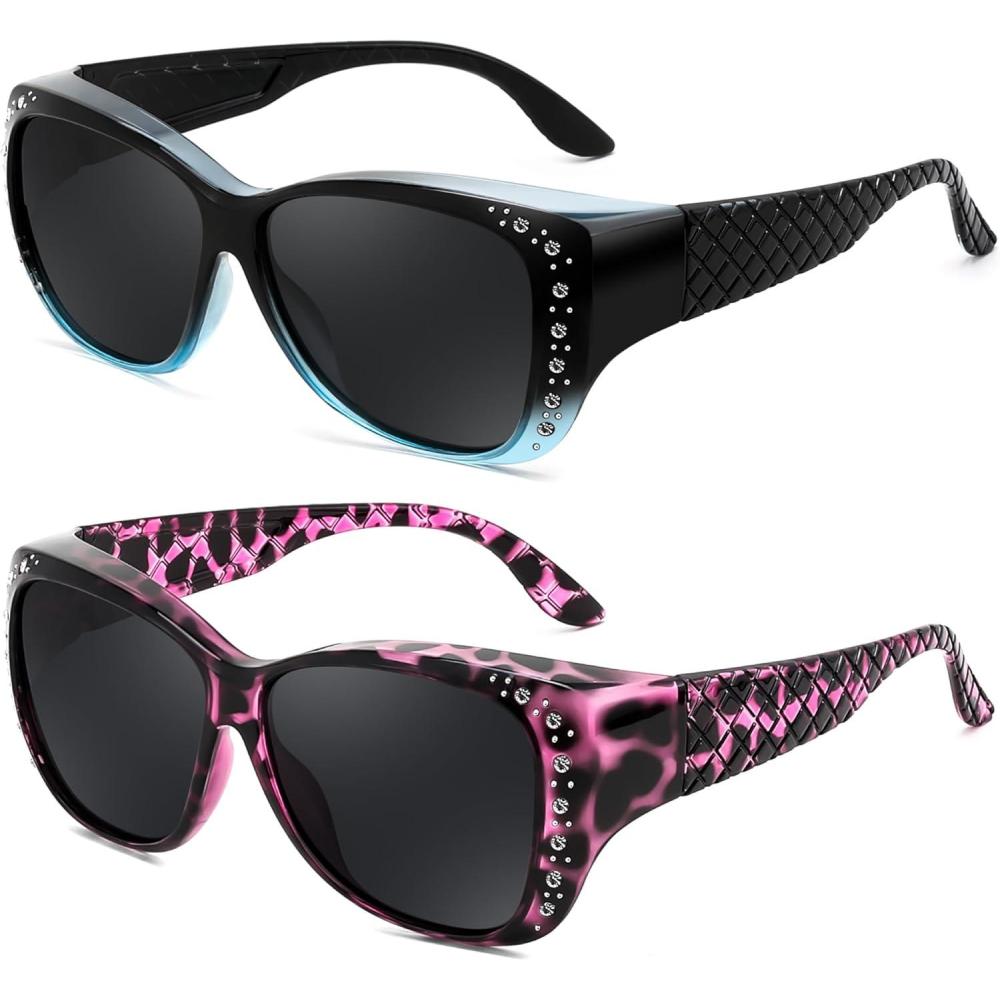 imageFEISEDY Womens Polarized Fit Over Sunglasses Fitover Prescription Glasses UV400 Protection B4190Black to Blue Gradient Purple Leopard