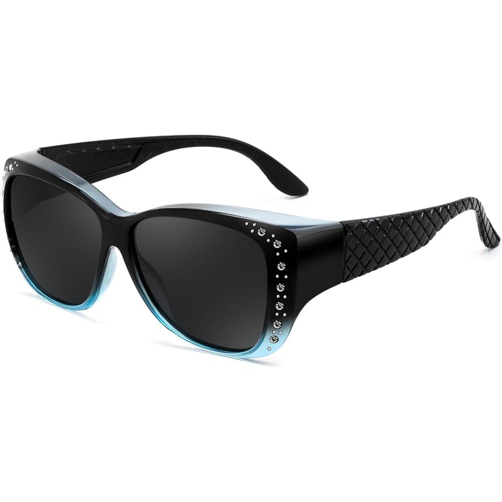 imageFEISEDY Womens Polarized Fit Over Sunglasses Fitover Prescription Glasses UV400 Protection B4190Black to Blue Gradient Frame Grey Lens