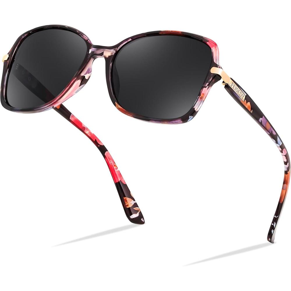 imageFEISEDY Womens Polarized Sunglasses Trendy Elegant Colored Frame for Ladies UV400 Protection B2760Floral Frame Grey Lens