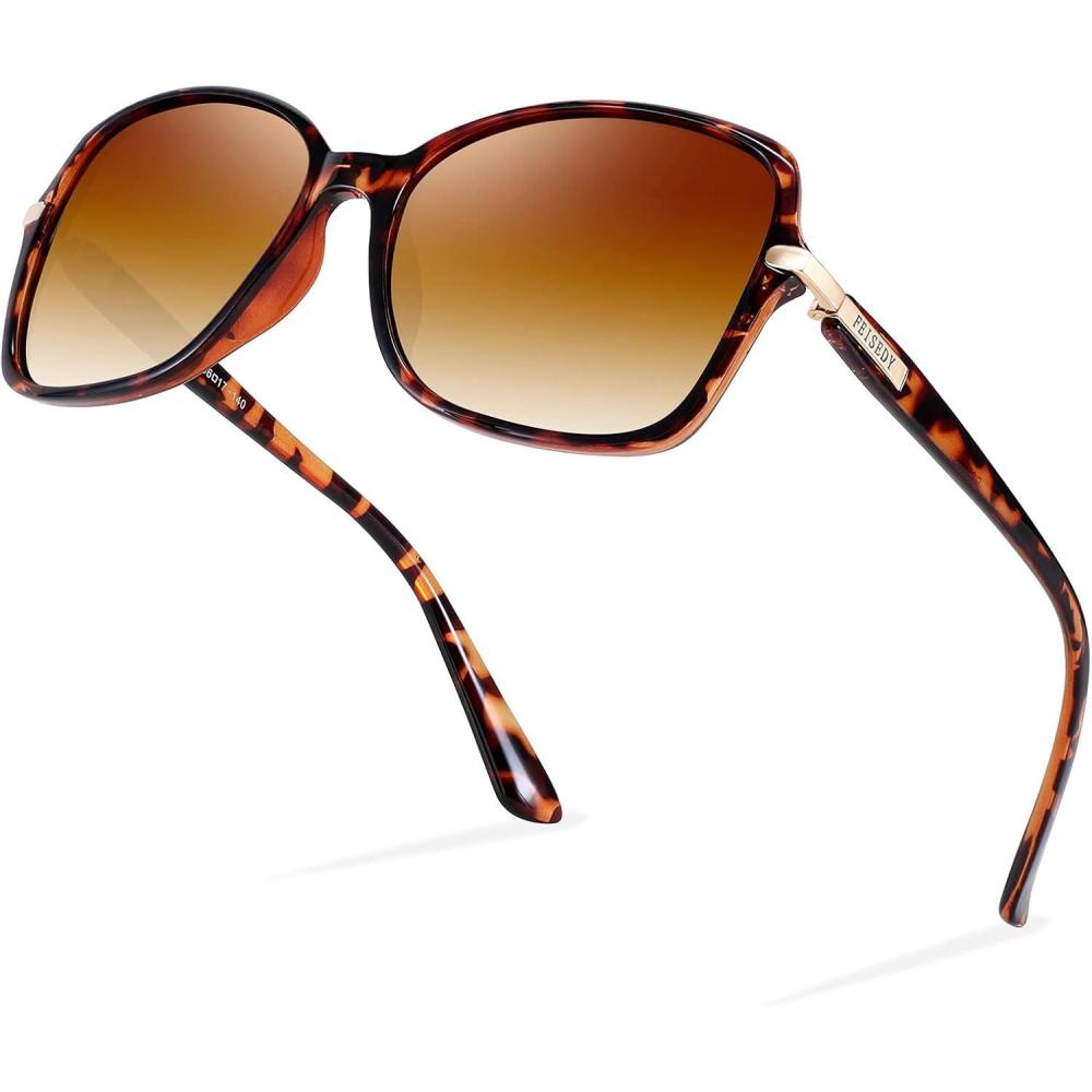 imageFEISEDY Womens Polarized Sunglasses Trendy Elegant Colored Frame for Ladies UV400 Protection B2760Leopard Frame Gradual Tea Lens