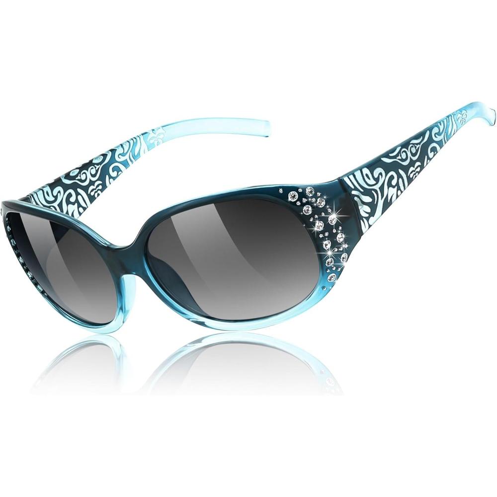 imageFEISEDY Womens Polarized Sunglasses Wrap Around Rhinestone Design Fashion Sunnies UV400 Protection B1091Gradual Blue Frame Gradual Grey Lens