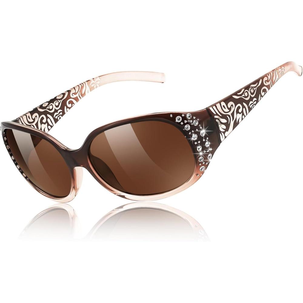 imageFEISEDY Womens Polarized Sunglasses Wrap Around Rhinestone Design Fashion Sunnies UV400 Protection B1091Gradual Tea Frame Tea Lens
