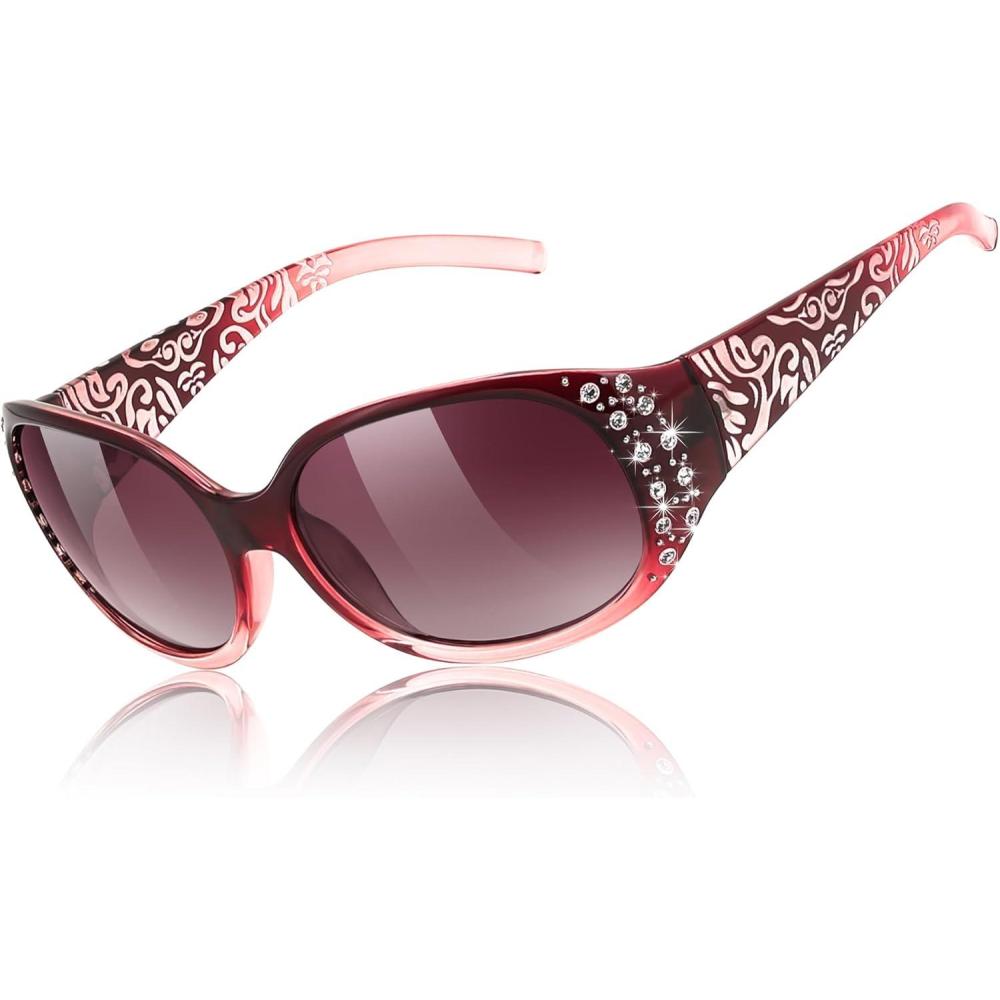 imageFEISEDY Womens Polarized Sunglasses Wrap Around Rhinestone Design Fashion Sunnies UV400 Protection B1091Gradual Wine Red Frame Gradual Red Lens