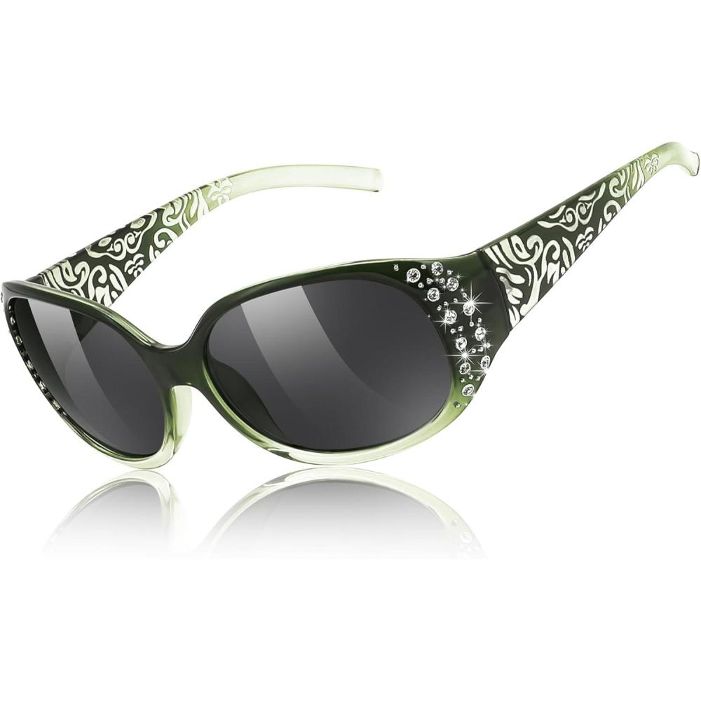 imageFEISEDY Womens Polarized Sunglasses Wrap Around Rhinestone Design Fashion Sunnies UV400 Protection B1091Green Frame Grey Lens