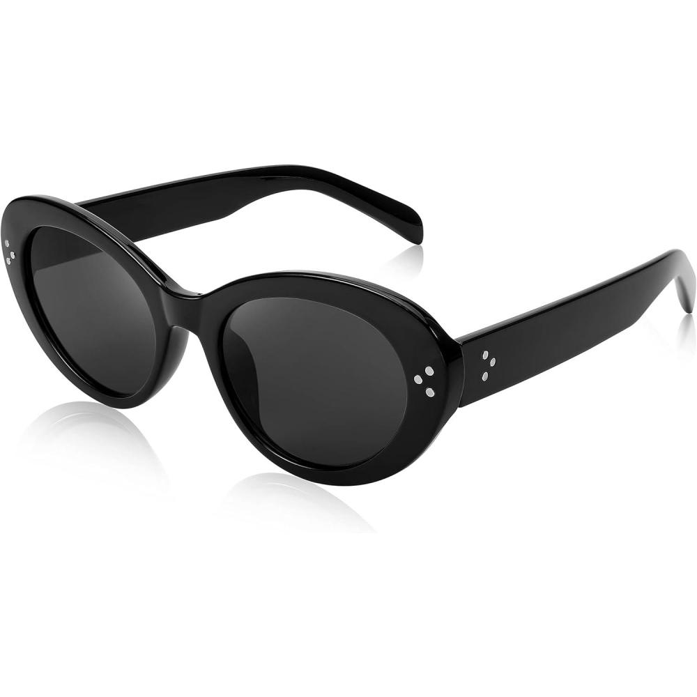 imageFEISEDY Y2k Oval Sunglasses Womens Thick Bold Retro Clout Goggles Round Cateye Shades B2313001 Black Grey Lens