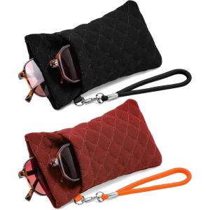 FEISEDY 2Pack Double Glasses Case Soft Eyeglass Pouch Squeeze Top Sunglasses Bag with Wrist Strap B0363(Linen-(black+orange))