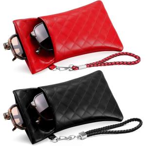 FEISEDY 2Pack Double Glasses Case Soft Eyeglass Pouch Squeeze Top Sunglasses Bag with Wrist Strap B0363(Pu-(black+red))