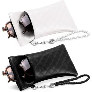 FEISEDY 2Pack Double Glasses Case Soft Eyeglass Pouch Squeeze Top Sunglasses Bag with Wrist Strap B0363(Pu-(black+white))