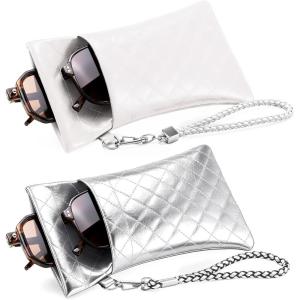 FEISEDY 2Pack Double Glasses Case Soft Eyeglass Pouch Squeeze Top Sunglasses Bag with Wrist Strap B0363(Pu-(white+silver))
