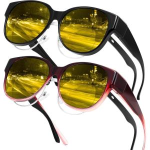 FEISEDY 2Pack Night Driving Glasses Over Glasses with Yellow Lenses Fit Over Polarized Nighttime Sunglasses B0331(Gradual Wine Red Frame + Black Frame)