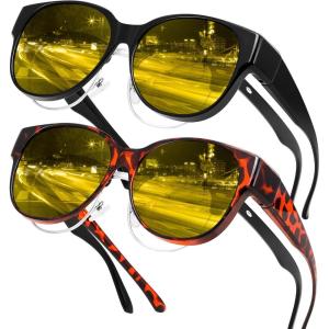 FEISEDY 2Pack Night Driving Glasses Over Glasses with Yellow Lenses Fit Over Polarized Nighttime Sunglasses B0331(Yellow Leopard Frame + Black Frame)