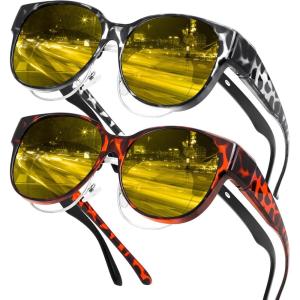 FEISEDY 2Pack Night Driving Glasses Over Glasses with Yellow Lenses Fit Over Polarized Nighttime Sunglasses B0331(Yellow Leopard Frame + Grey Leopard Frame)