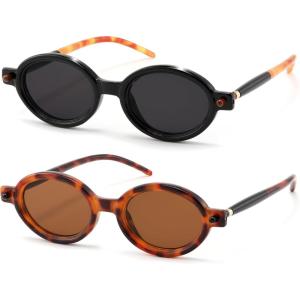 FEISEDY 2Pack Retro Oval Sunglasses for Women Men 90s Narrow Small Round Shades Y2k Trendy Sunnies UV400 B0280