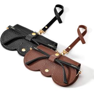 FEISEDY 2Pack Soft Leather Sunglass Bag, Holder Eyeglasses Case, Portable Glasses Pouch With Button Clip Wrist Strap B0049(Black + Brown)