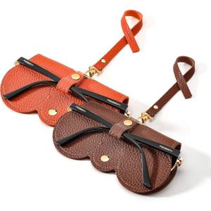 FEISEDY 2Pack Soft Leather Sunglass Bag, Holder Eyeglasses Case, Portable Glasses Pouch With Button Clip Wrist Strap B0049(Orange + Brown)