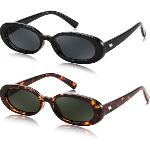 FEISEDY 2Pack Women Retro Oval Sunglasses Men 90s Small with Thin Face Narrow Style UV400 B0237