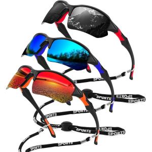 FEISEDY 3pack Polarized Sports Sunglasses for Men Women Fishing Running Baseball Outdoor UV400 Protection B9163(3pcs: Black+red+blue)