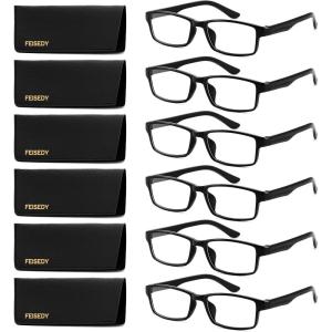 FEISEDY 6 Pack Classic Reading Glasses – Traditional, Lightweight, Black Frame, Rectangular Readers B0297(Black)