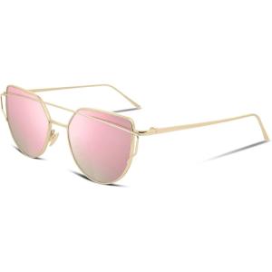 FEISEDY Cat Eye Fashion Metal Frame Mirrored Flat Lenses Women Sunglasses B2206(06 Gold Frame Pink Mirror Lens)