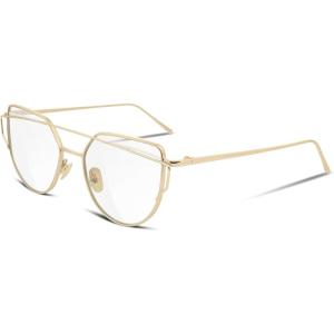 FEISEDY Cat Eye Fashion Metal Frame Mirrored Flat Lenses Women Sunglasses B2206(11 Gold Frame Transparent Lens)