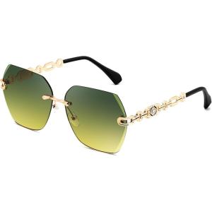 FEISEDY Classic Rimless Sunglasses Women Metal Frame Diamond Cutting Lens Sun Glasses B2567(008 Green-yellow)