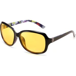 FEISEDY Classic Womens Night Glasses Driving Anti Glare Wrap Around Yellow Sunglasses B2548(Black-floral)