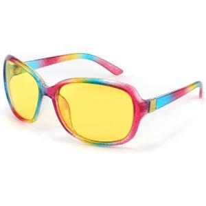 FEISEDY Classic Womens Night Glasses Driving Anti Glare Wrap Around Yellow Sunglasses B2548(Flashing Multicolor)
