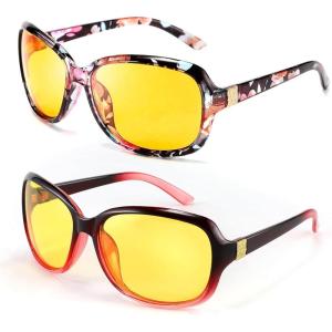 FEISEDY Classic Womens Night Glasses Driving Anti Glare Wrap Around Yellow Sunglasses B2548(Z2pack (Floral + Red Wine))