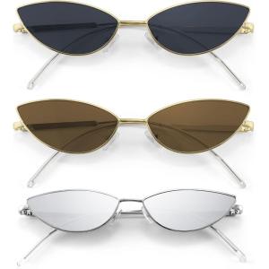 FEISEDY Fashion Designer Sunglasses Retro Small Petals Shape Arc Temple Design B2298(2pack Smoke + Brown + Silver)
