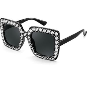 FEISEDY Kids Sunglasses for Girls Oversized Square Sparkling Party Sun Glasses Lightweight Fashion Shades B0053(Black Frame | Grey Lens)