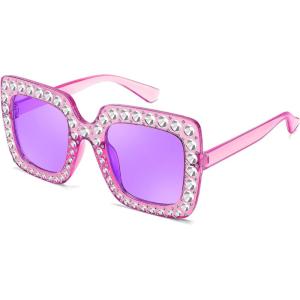 FEISEDY Kids Sunglasses for Girls Oversized Square Sparkling Party Sun Glasses Lightweight Fashion Shades B0053(Transparent Purple Frame | Purple Lens)