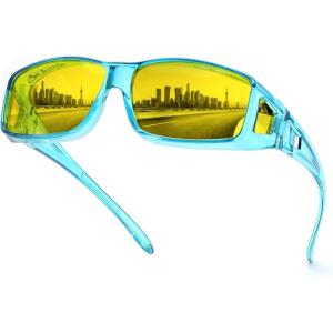 FEISEDY Night Driving Fit Over Glasses Sunglasses for Men Women,Polarized Wrap Around Yellow Sunglasses UV400 B2593(Blue Frame Night Vision Polarized Yellow Lenses)