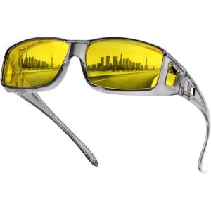 FEISEDY Night Driving Fit Over Glasses Sunglasses for Men Women,Polarized Wrap Around Yellow Sunglasses UV400 B2593(Grey Frame Night Vision Polarized Yellow Lenses)