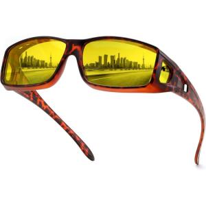 FEISEDY Night Driving Fit Over Glasses Sunglasses for Men Women,Polarized Wrap Around Yellow Sunglasses UV400 B2593(Leopard Frame Night Vision Polarized Yellow Lenses)