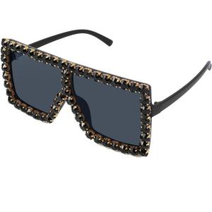 FEISEDY Oversized Sparkling Crystal Sunglasses Disco Diamond Flat Top Fashion Square Large Shades B2782(001 Black Diamond & Dark Grey Lens)