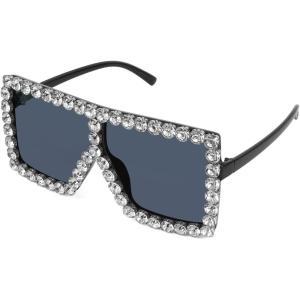 FEISEDY Oversized Sparkling Crystal Sunglasses Disco Diamond Flat Top Fashion Square Large Shades B2782(003 White Diamond & Light Grey Lens)