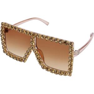 FEISEDY Oversized Sparkling Crystal Sunglasses Disco Diamond Flat Top Fashion Square Large Shades B2782(005 Tea Diamond & Gradual Tea Lens)