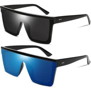 FEISEDY Oversized Sunglasses Mens Womens Flat Top Square Trendy Visor Shades UV400 B2470(Z2pack (Black+blue Mirrored))