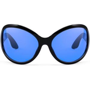 FEISEDY Oversized Trendy Sunglasses Classic Oval Wrap Around Stylish Big Frame Shade Women Glasses B2391(Black Frame Blue Lens)
