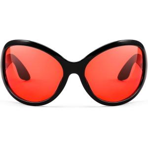 FEISEDY Oversized Trendy Sunglasses Classic Oval Wrap Around Stylish Big Frame Shade Women Glasses B2391(Black Frame Red Lens)
