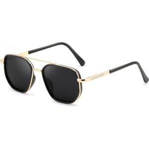 FEISEDY Polarized Aviator Sunglasses for Men Square Retro Metal Frame UV 400 Protection TAC Lens B0329(Golden Black/Grey)